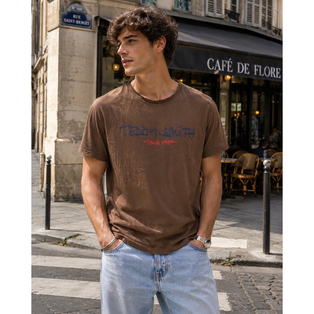 Teddy Smith Logo Graphic T-Shirt Medium Brown Crew Neck Casual‎ Streetwear Tee
